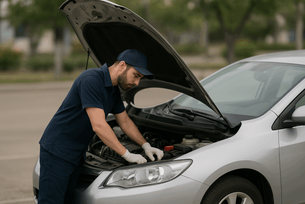 A mobile mechanic in a navy uniform and gloves working under the hood of a silver sedan in an empty parking lot, with trees and buildings softly blurred in the background.